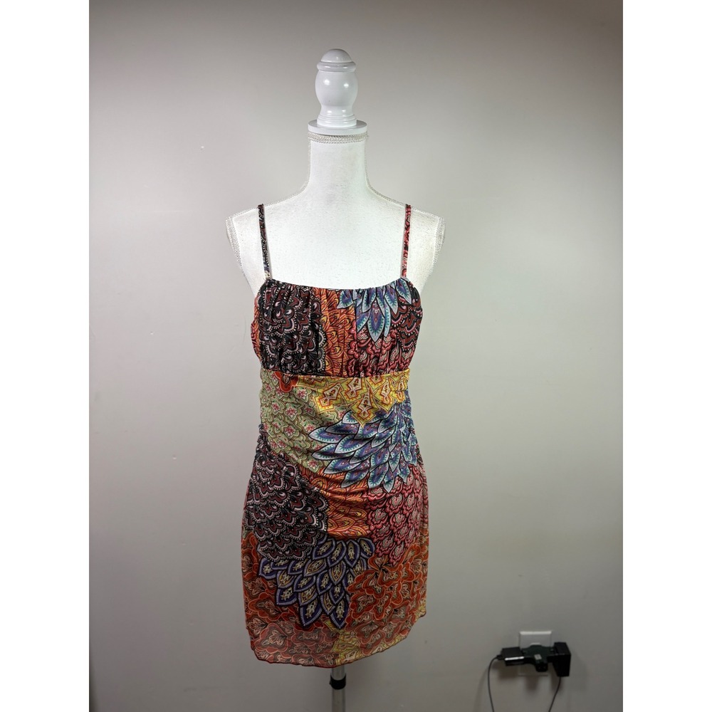 SHEIN Curve 0XL Paisley Ruched Mesh Bodycon Mini Dress Multicolor Square Neck